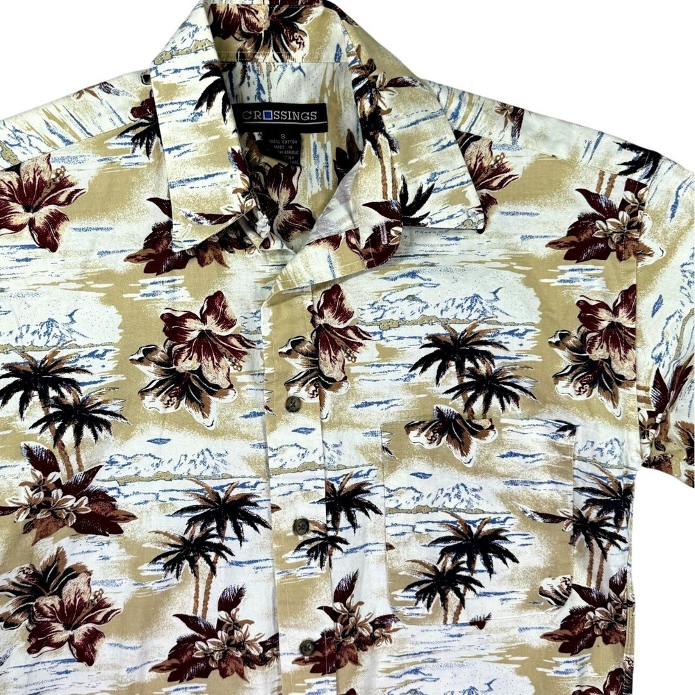 Crossings Hawaiian Shirt Men S Palm Trees Floral Beige‎ Vintage Beach Surf Aloha